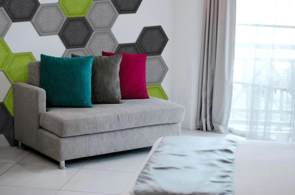 HEXA BOLD 3D Acoustic Felt Wall Panels green and grey composition BLACK Multipack Decormania UK
